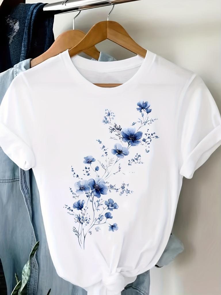 Women's Casual T-Shirt Floral Print Short Sleeve Round Neck Top Black with Blue White Flowers All-Season Versatile Wear