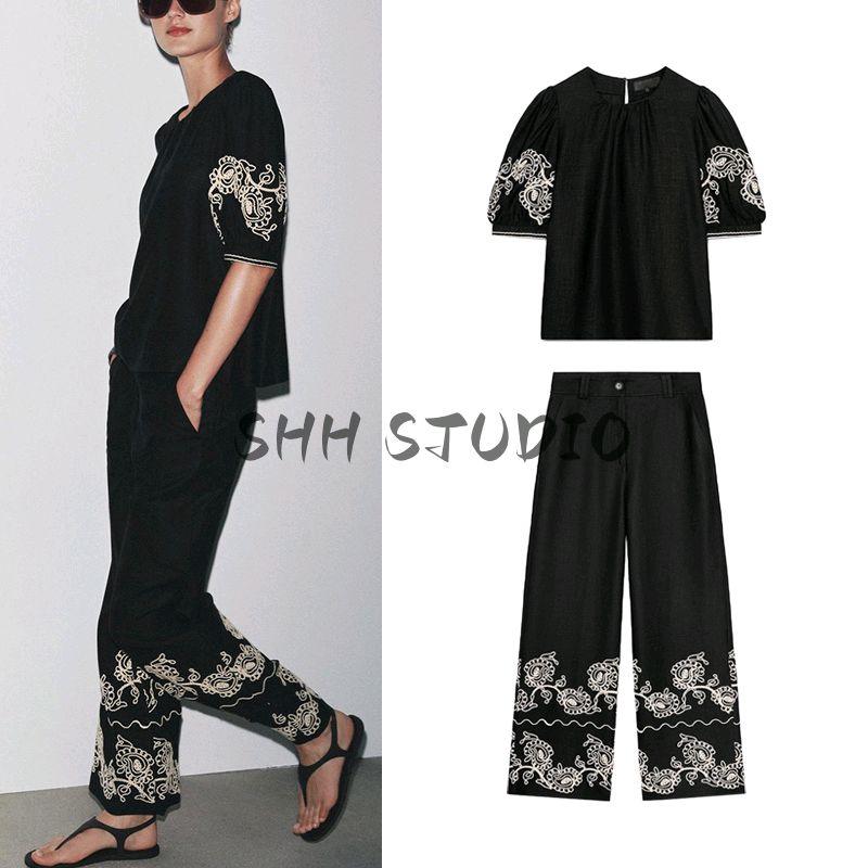 round Neck Short sleeve Linen Blend Embroidered Top 2731105 Mid Waist Wide Leg Casual Trousers 2731104