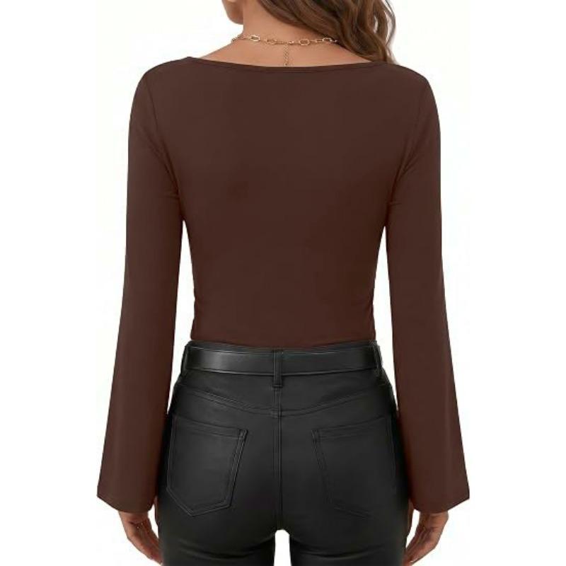 Women S Slim Fit Long Sleeve Flared Sleeve T Shirt Solid Color