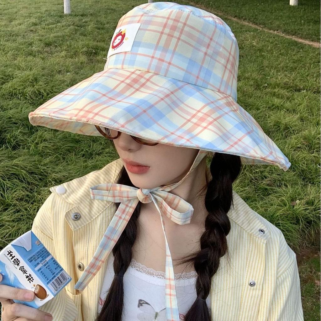 Hat Hiking Fisherman Hat Applique Yellow Orange Plaid Cloth  Outdoor Brim