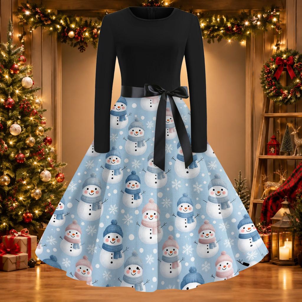 Women's Casual Christmas Print Dress, Round Neck Vintage Holiday Dress