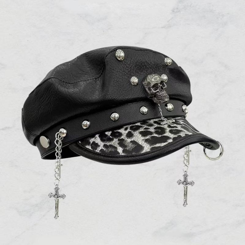 2000s Punk Rivet Studded Cricket Cap With Skull Crossed Decor Beret Hat For Women Western Theme Party Casual Outfit Accessory