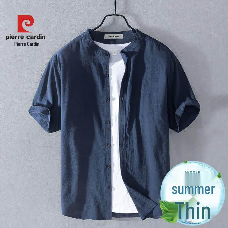 Pierre Cardin Men s Loose Fit Linen Blend Short Sleeve Stand Collar Shirt L