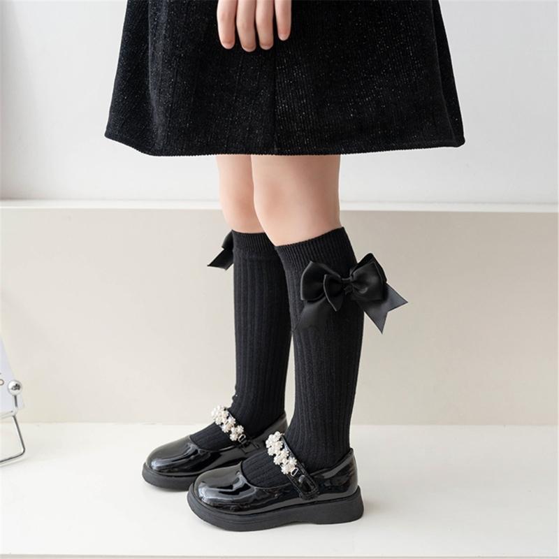 Girls Knee High Cotton Socks Big Ribbons Bow Back To School Socks, Ribbons Bows Long Socks Uniform Party Wear Stockings