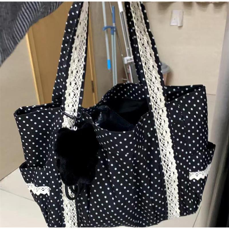 Korean Multi Pocket Polka Dot Lace Shoulder Bag,Vintage Canvas Y2k Girls Tote Bag,Sweet Cute Commuter Work Everyday Handbag