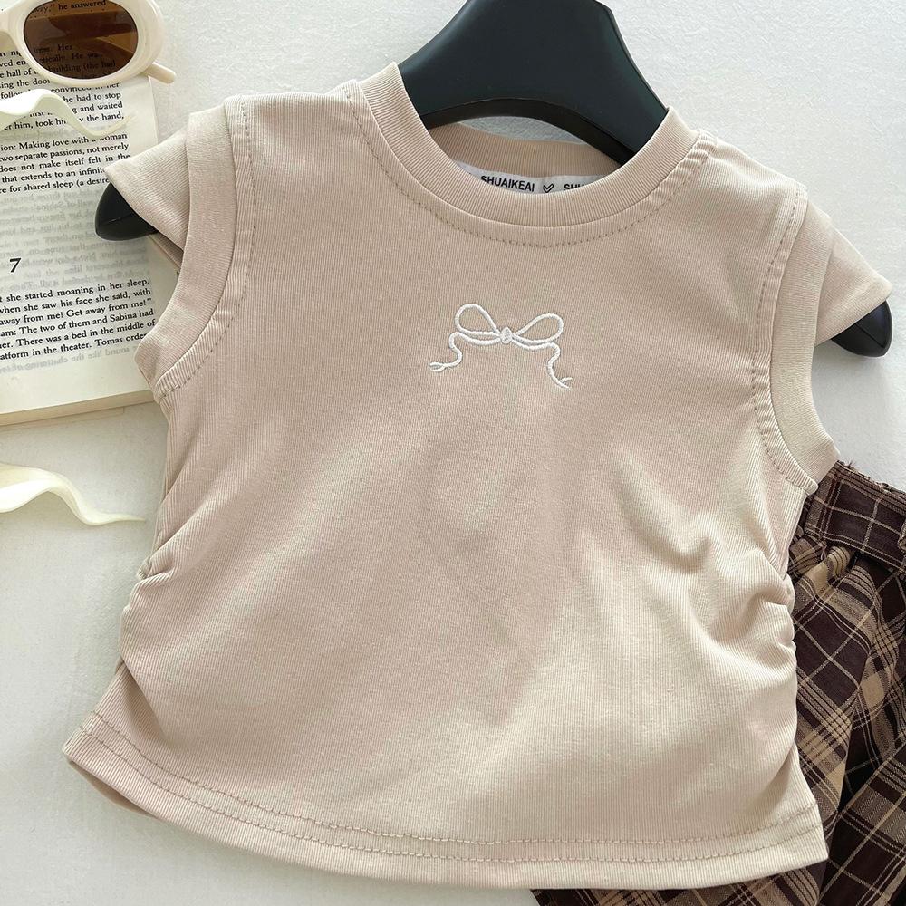Girls Summer Embroidered T Shirt And Plaid Bowknot Irregular Skirt Set Thin Two Piece Outfit For Kids