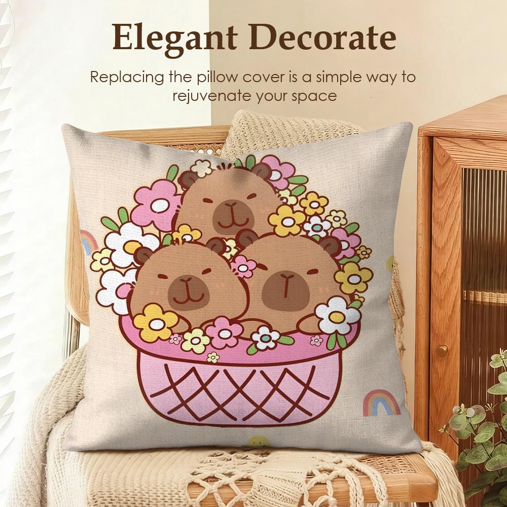 Cute Caybara Cushion Cover Natural Linen Organic Fabric DoubleSided Printing Sofa Home Decor Gift Pillow Case