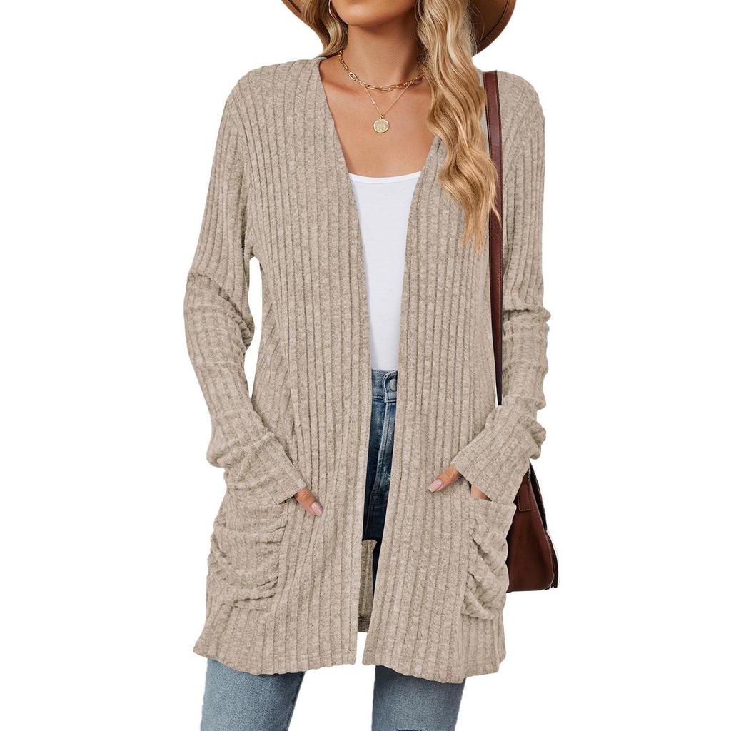 Autumn and Winter New Ladies Knitted Pockets Long-sleeved Casual Cardigan Jacket Long Cardigan Women Tops Kawaii Sweater