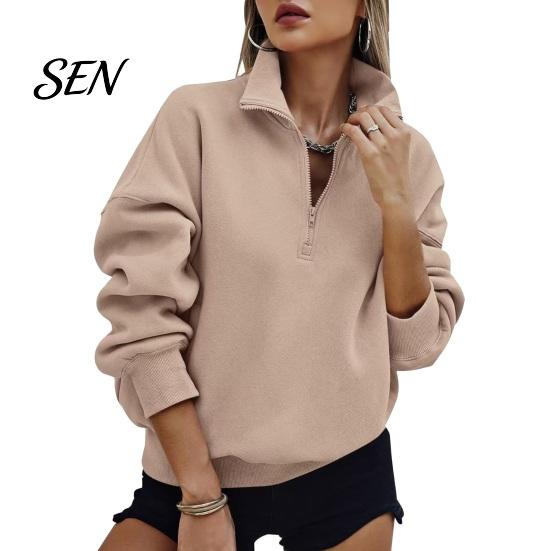 Langarm-Layering-Oberteile Damen Übergroßer Pullover, Stehkragen Reißverschluss Halbe Knopfleiste Oberteile, Leichter Pullover für Lässige Streetwear Entspannt