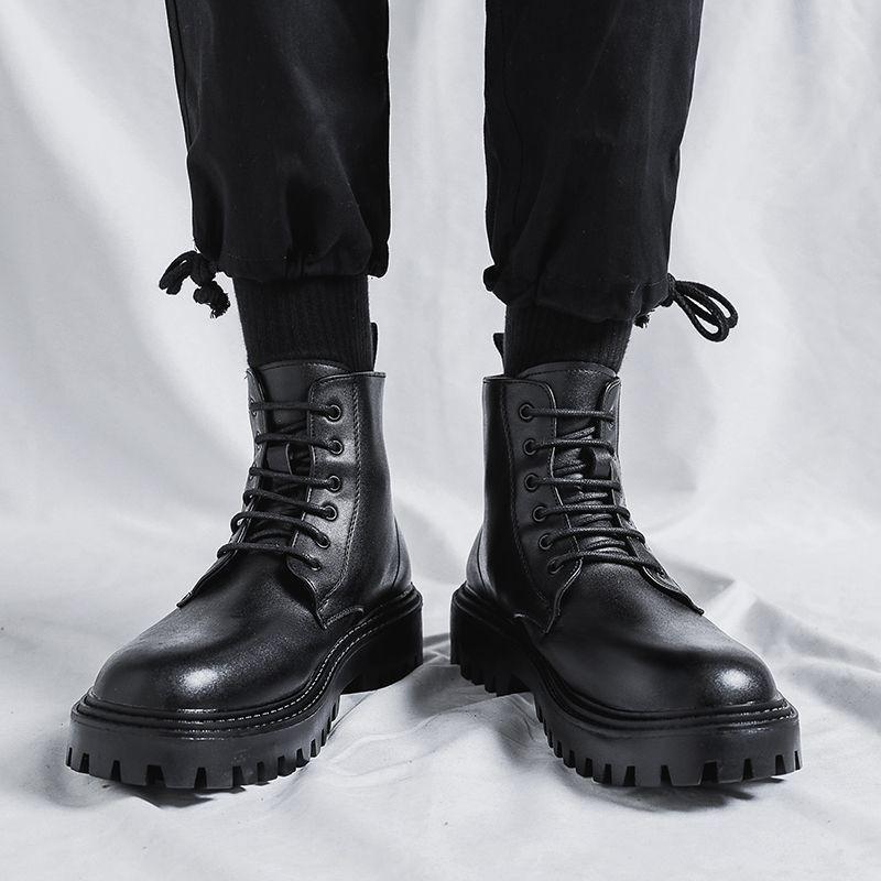 Vintage British Men's Spring Autumn High Top Waterproof Leather Shoes Black Biker Casual Lace Up Anti Slip Fashion