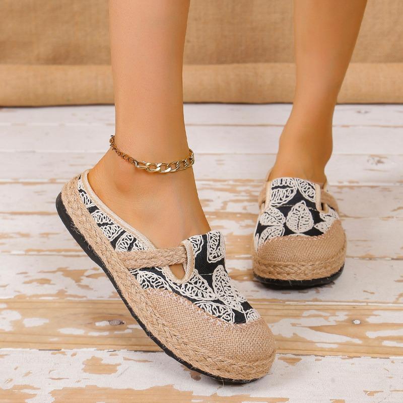 Chaussures d'été à enfiler pour femme, Espadrilles décontractées à bout rond style bohème en lin