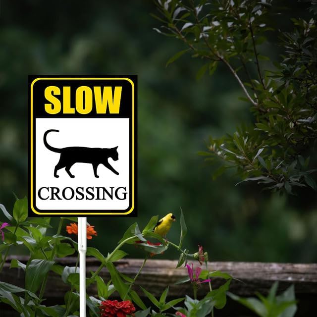 Bidesign (8X12) IN Slow Down Cat Crossing Yard Sign With Stake Warning Slow Lawn Sign Stand For Traffic Rustproof Aluminum For Home Street