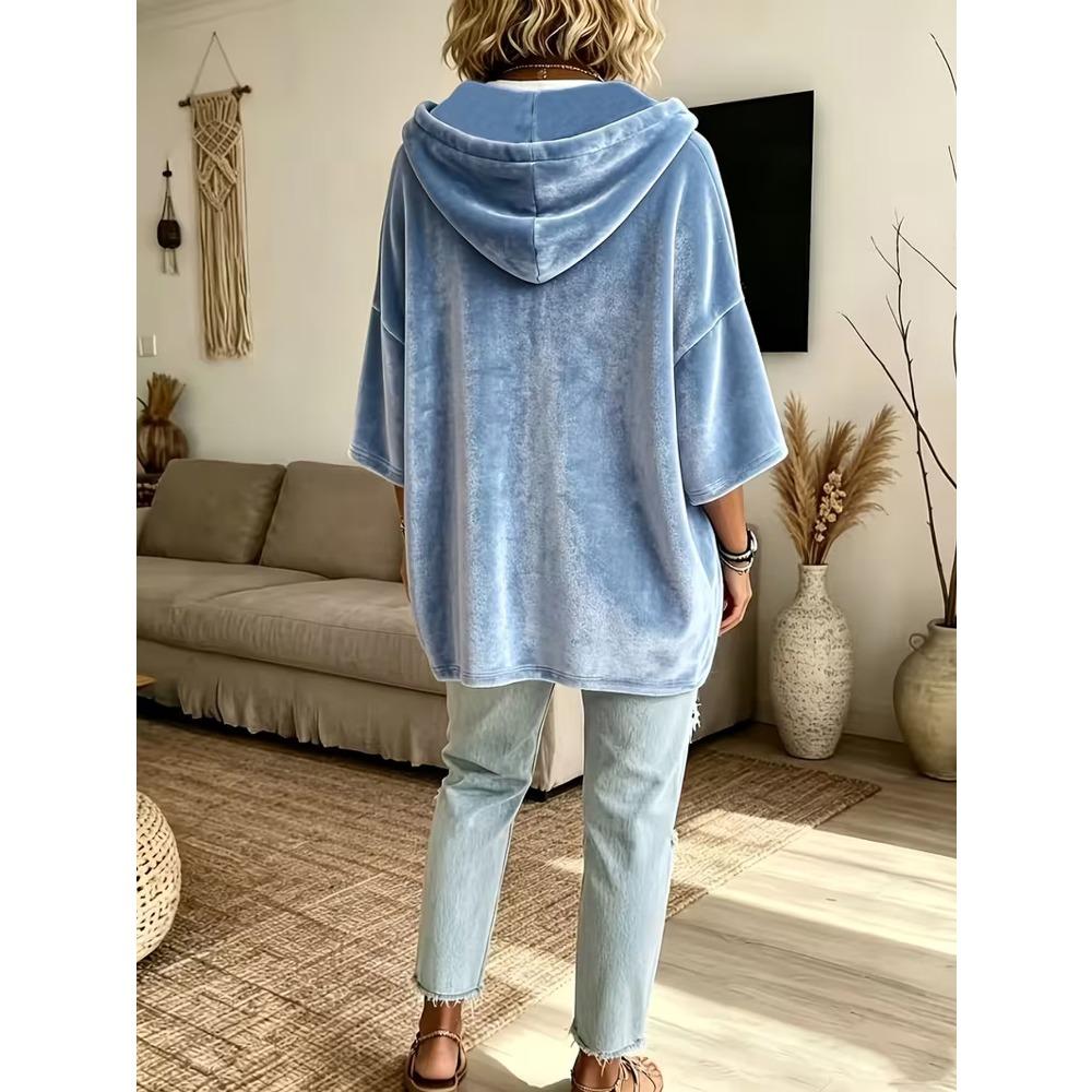 Damska gładka welurowa bluza z kapturem i rękawem 3/4, casualowy top hoodie na jesień zimę