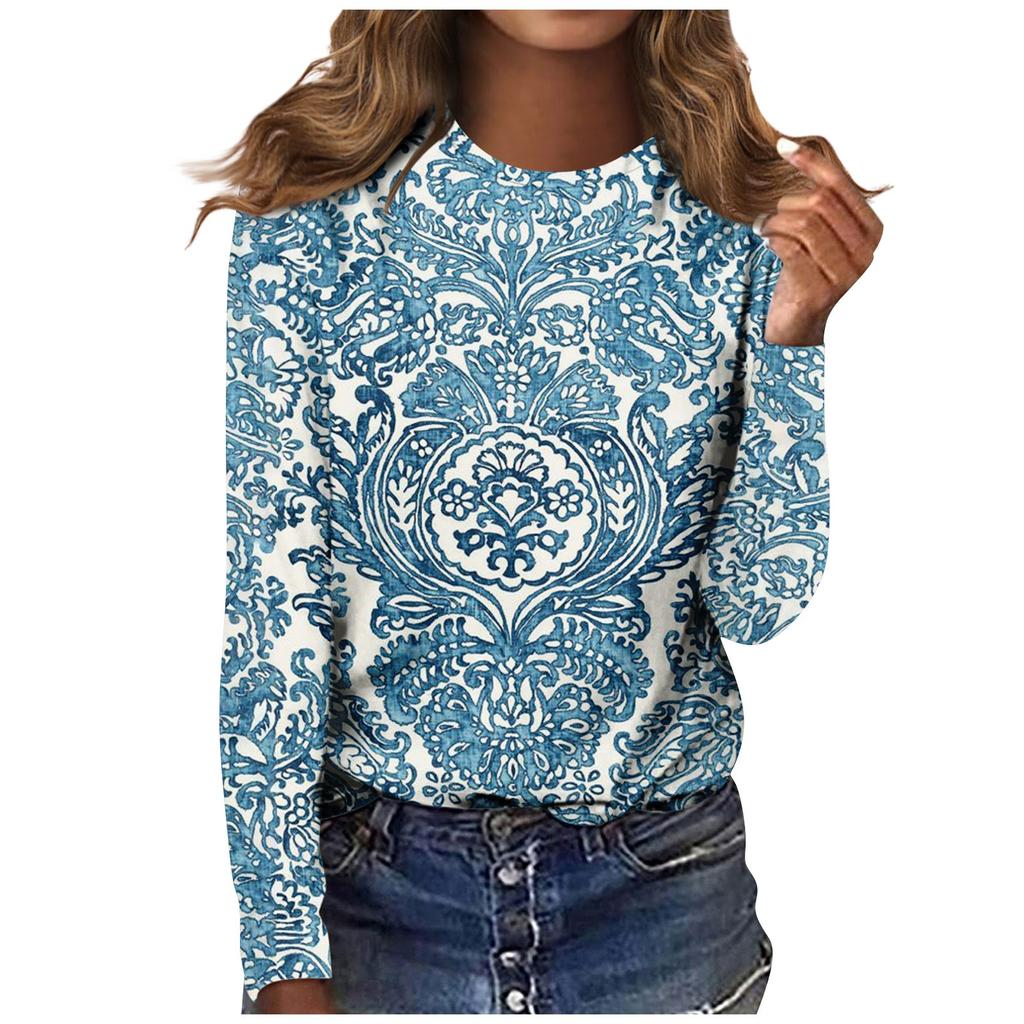 Women's Fashion Casual Long Sleeve Print Round Neck Pullover Top Blouse