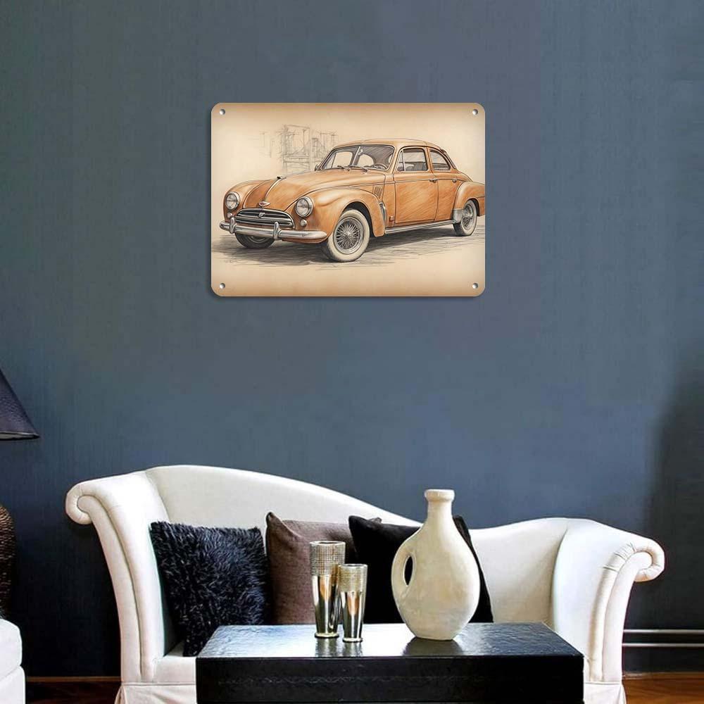 2D flat Wooden 30*20cm Vintage Car Wall Art Classic Orange Car Illustration Ideal for Home, Cafe, Bar Decor - Easy to Hang, No Power Needed - Perfect