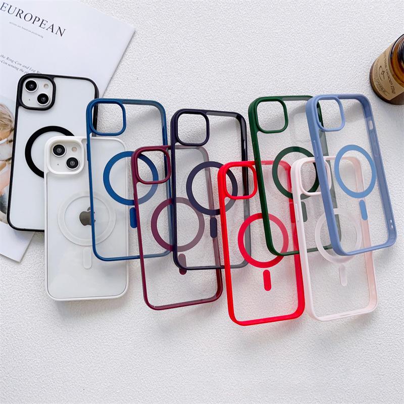 Colored Acrylic + TPU 2in1 Magnetic Wireless Charging Transparent Clear Case Hard Back Case Compatible for iPhone Samsung
