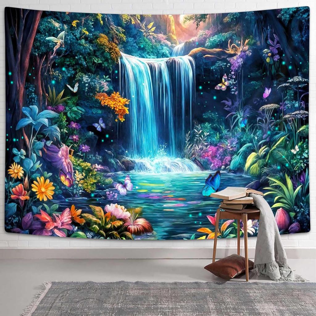 Arazzo Cascate Forestali Arazzi Paesaggio Naturale Arazzi Fiori Farfalle Piante Floreali Colorate Estetica Fantasy Muro