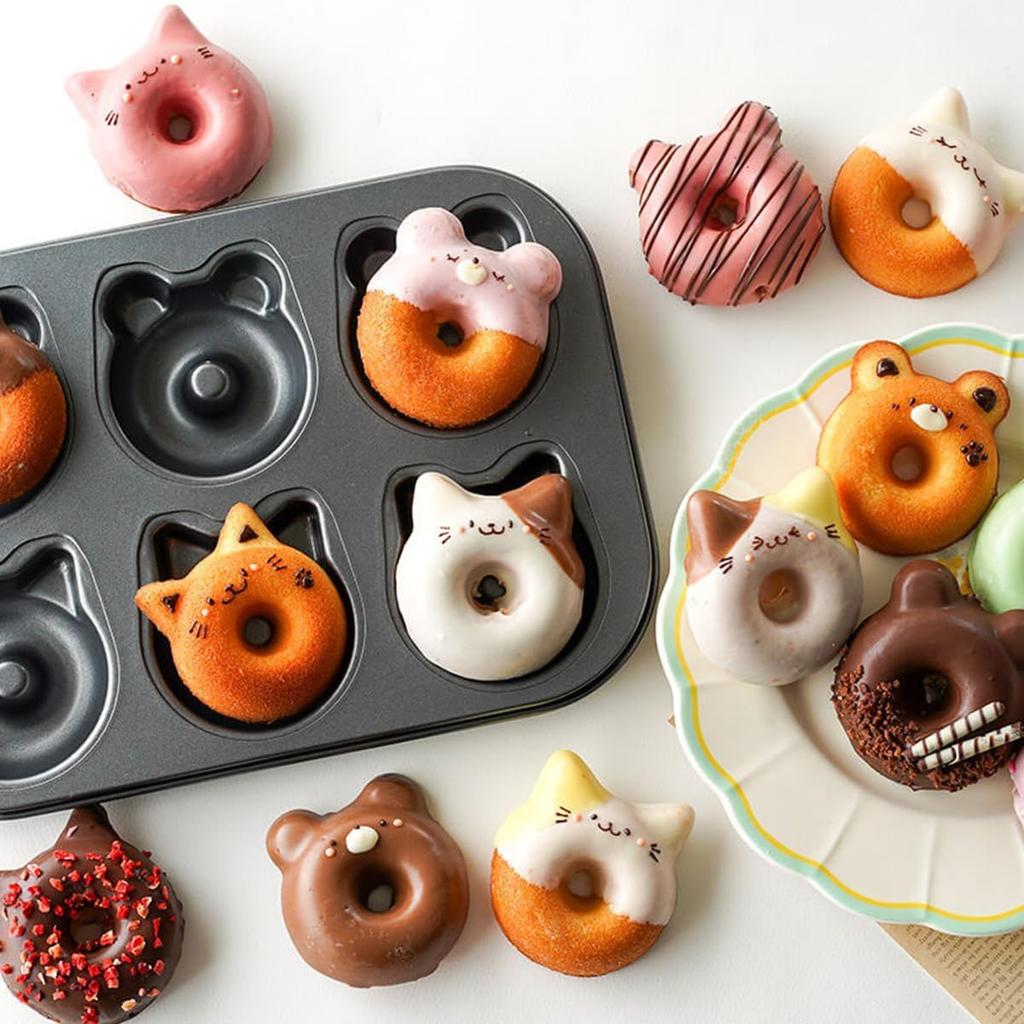 2 PCS Donut Pans, 2 1/2" Carbon Steel Cat & Bear-Shaped Donut Mold Cake Pan, 6 Cup Non-Stick Doughnut Pan for Home Baking