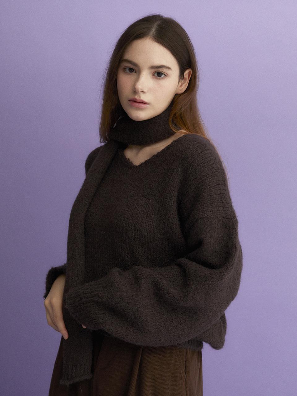 Cool Kitten V-Neck Pullover Oversized Knit Scarf Set (Brown) Free