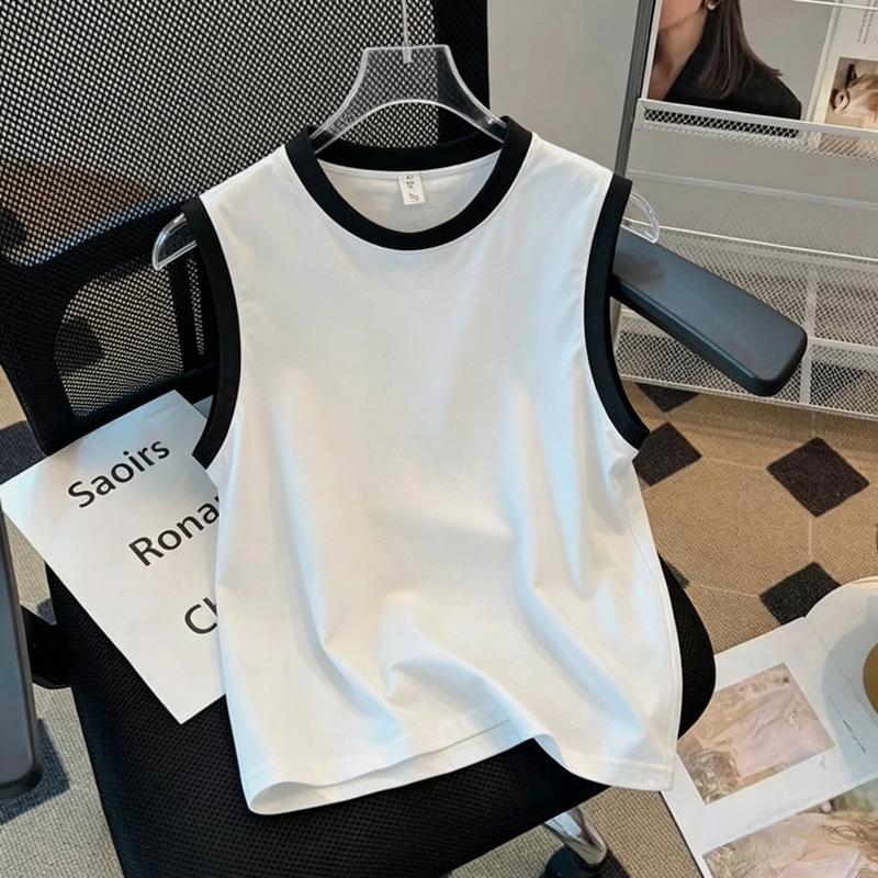 Girls' Korean Style Fashionable Color Block Cotton Vest T-shirt - Summer Sleeveless Top for Middle & Older Kids, Casual Round Neck Trendy Design