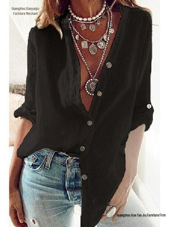 2026 Autumn European & American Solid V-Neck Loose Cotton Long Sleeve Women's Top