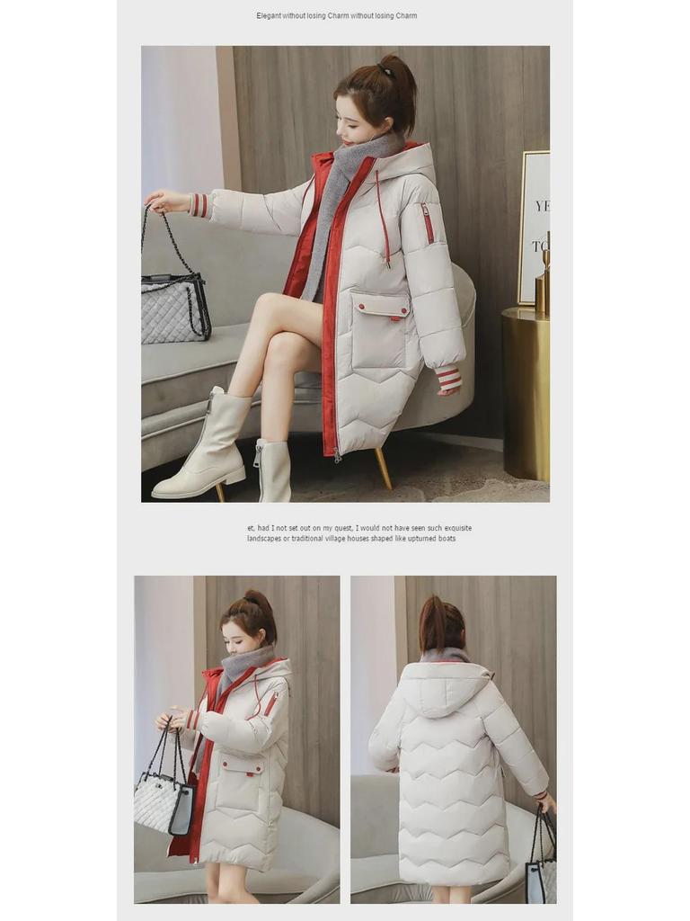 Dámská jednobarevná péřová bunda v korejském stylu - střední až dlouhá, zesílená, volný střih, stojáček, odolná proti chladu, velká velikost.