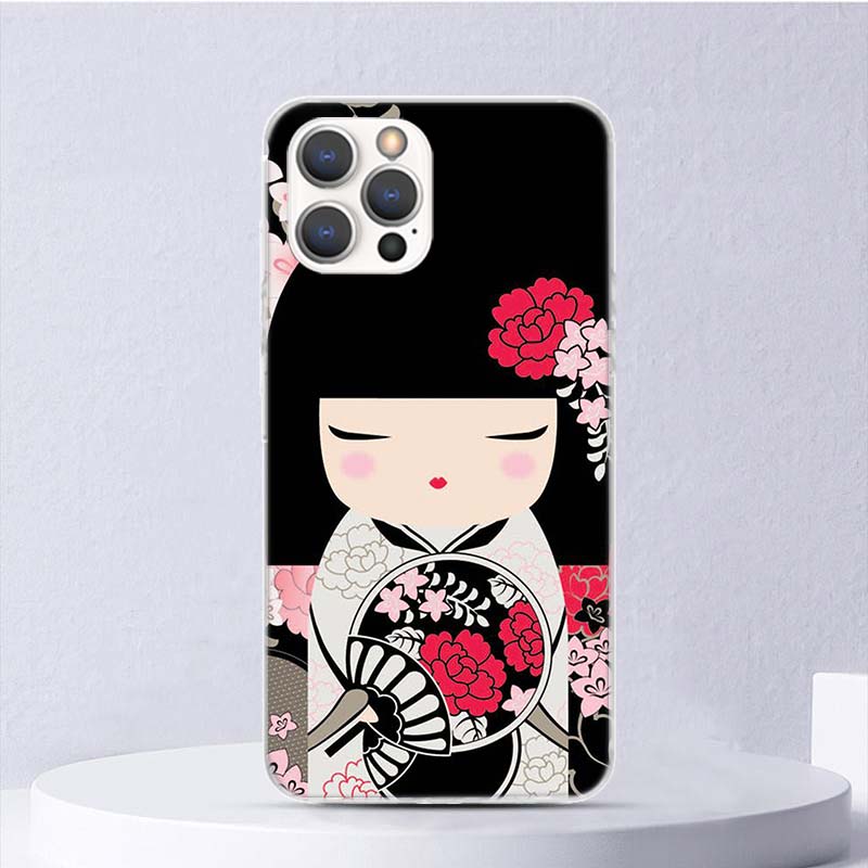 Kokeshi Doll Kimono Girl Soft Case For iPhone 16 17 Air 16E 15 Plus 11 12 13 Mini 14 Pro Max Phone Cover Apple 7 8 SE Coque Fund
