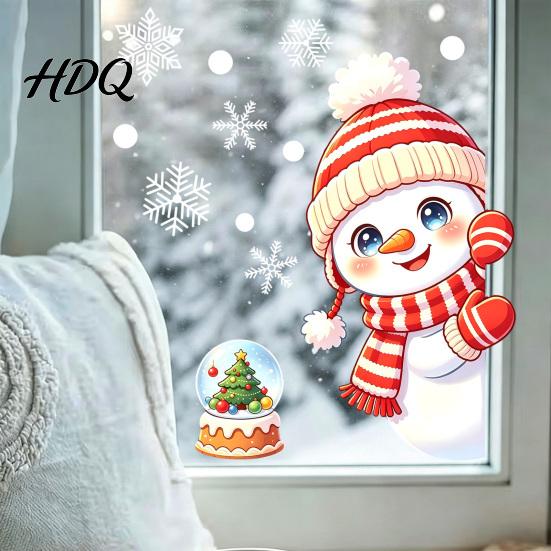 Snowman Window Decals Peeking Static Cling Decal Christmas Glass Sticker with Snowflake Clings Snowflakes Reusable PVC Holiday Decor for Home