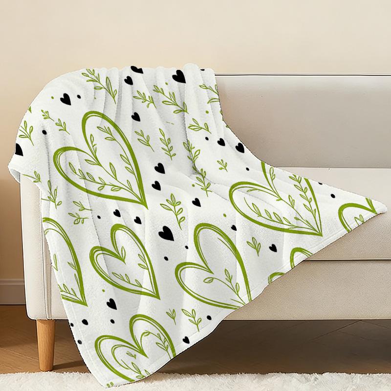 Soft Flannel Blanket Solid Color with Heart & Plant Pattern, Skin-Friendly Throw for Home, Cozy Room Decor & Valentine’s Day Gift