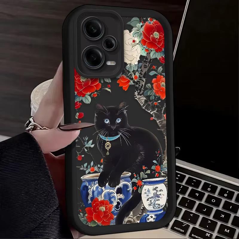 Black Cat Flower Artistic Phone Case For Redmi Note 13 12 Pro Plus 5G 13 12 Pro 4G 5G 11 10 Pro 12S 5G 11S 10S Redmi 13C 12 5G