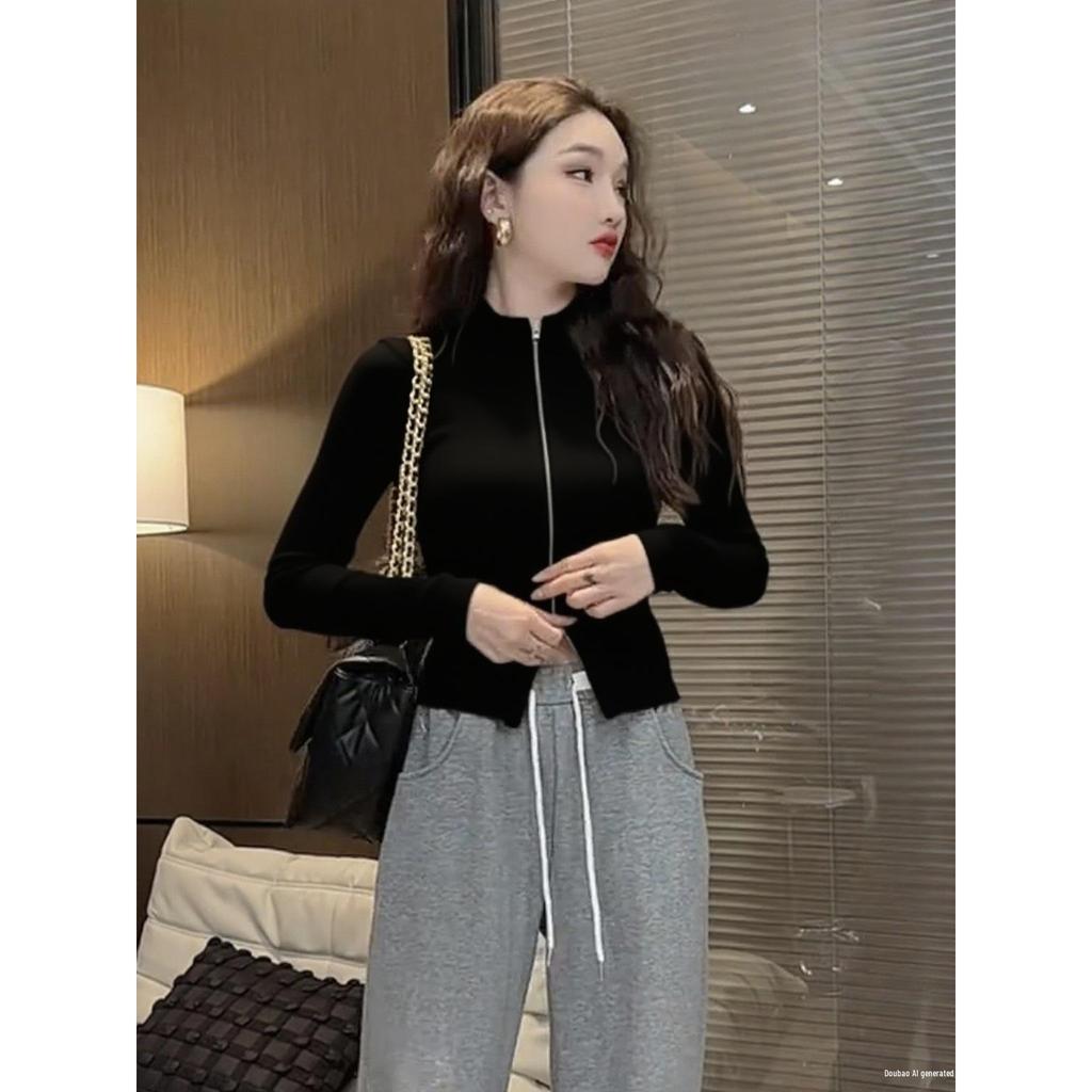 Korean Design Double Zipper Long Sleeve Women's Slim Base Layer Top - 2025 Autumn/Winter Arrival