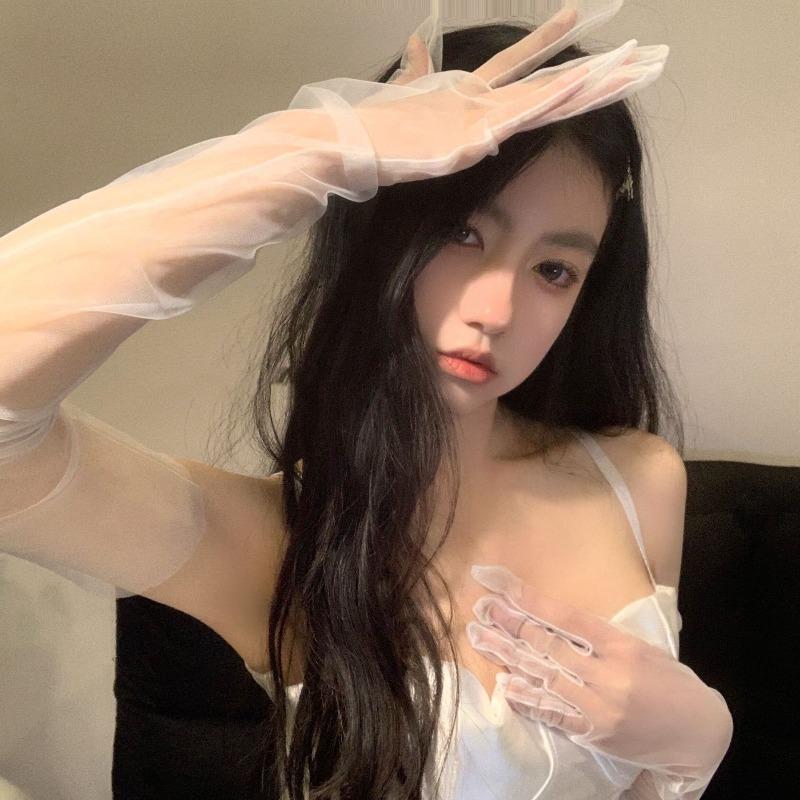 Black Silk Mesh Wedding Lace Gloves for Women's Evening Dress, Wedding Veil, Pure Erotic and Sexy Photo Sleeve, Sleeveless Dress