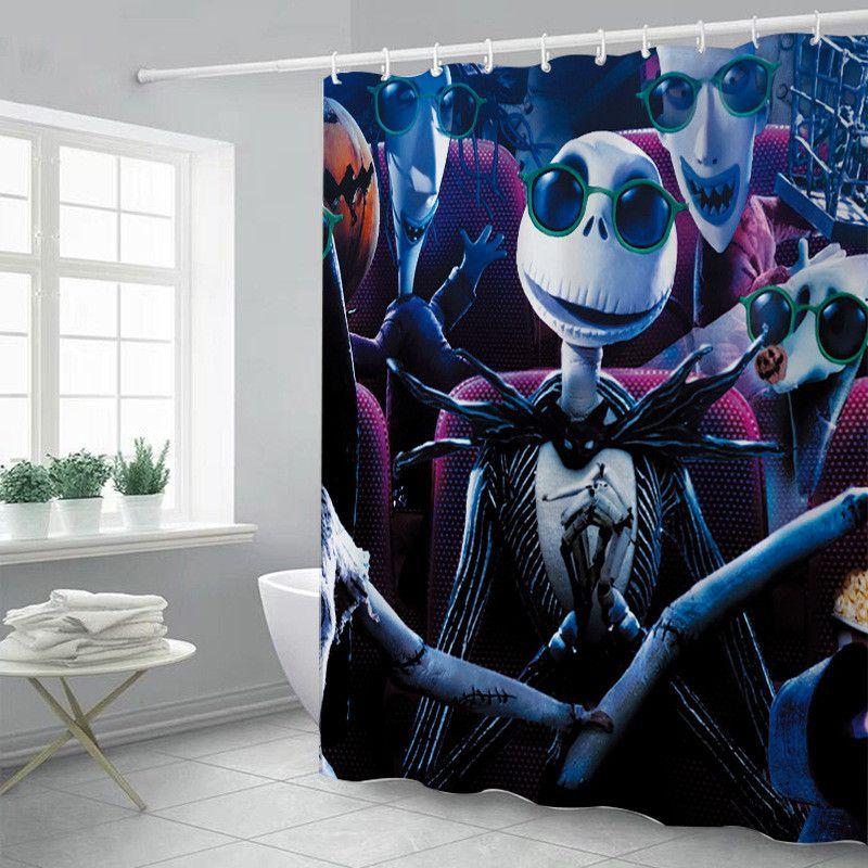 Żywa i kolorowa zasłona prysznicowa Miasteczko Halloween z haczykami do łazienek