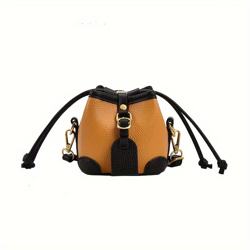 Trendy Color Block Mini Bucket Bag For Girls Cute PU Leather Crossbody Bag Lightweight Drawstring Shoulder Bag For School Parties