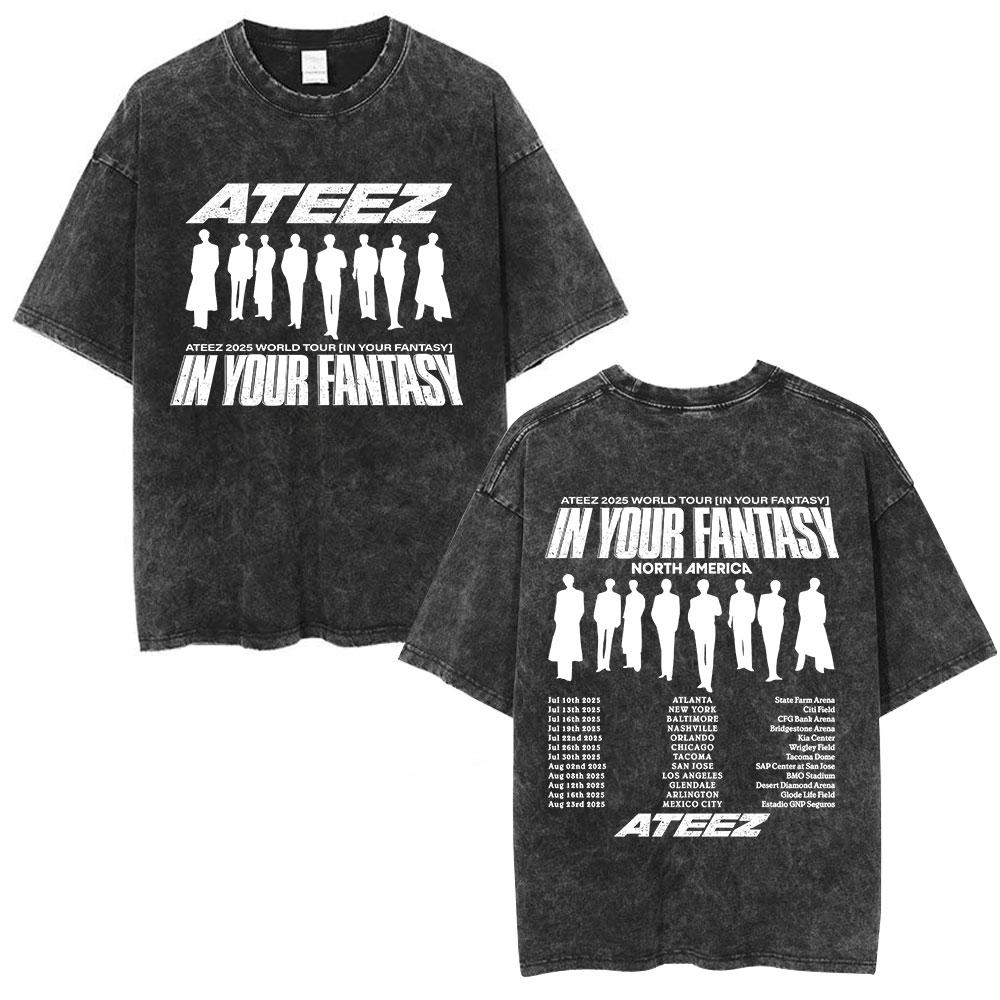 Ateez 2025 World Tour in Your Fantasy Tour Cherry Vintage Washed T Shirt Korean Kpop Fashion T-shirt Men's Women Cotton T-shirts