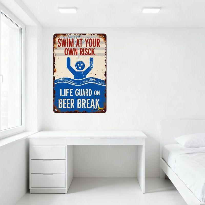 Vintage Swim At Your Own Risk Metal Tin Sign with Lifeguard Beer Break Illustration - Humorous Warning Plaque for Home Bar Man C