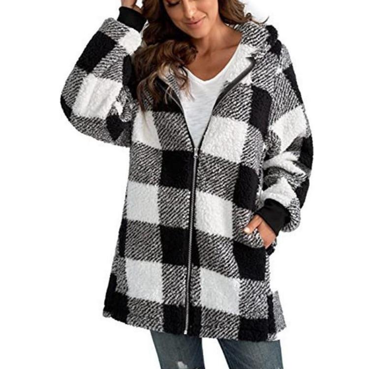Long Sleeve Plush Womens Jacket Loose Fit Hooded Zipper Plaid Coat With Pockets S