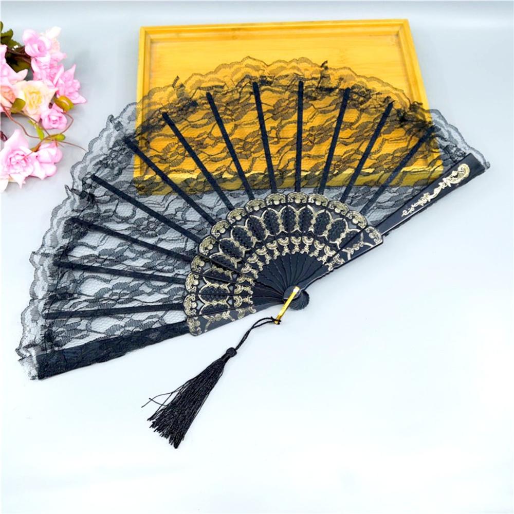 Lolita Gothic Fan Victorian Female Lace Hand Fan Vintage Black White Red Rose Bamboo Fans Cosplay Halloween Party Supplies