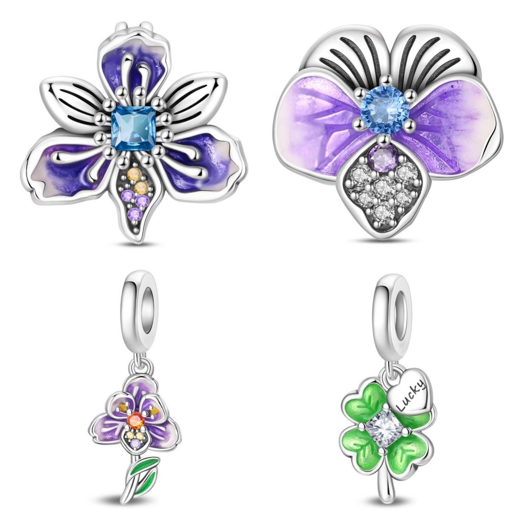 S925 Silver DIY Bracelet Beads Charms Iris Pansy Four Leaf Clover Pendant for Jewelry Making Handmade