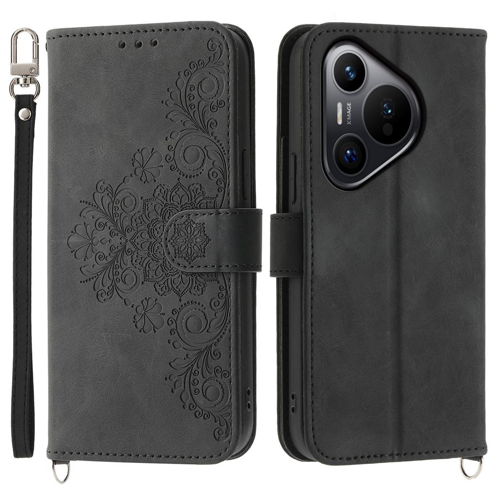 For Huawei Pura 70 Case Wallet Flower Pattern PU Leather Phone Cover with Crossbody Strap