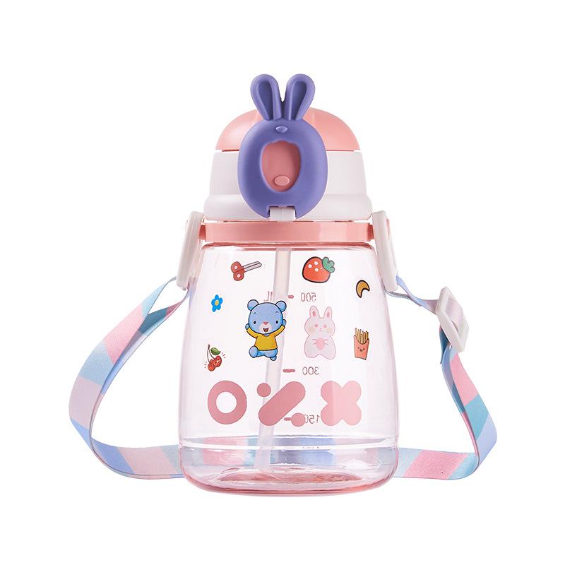 Cute Water Cup with Straw, Large-capacity Portable Outdoor Plastic Cup, Student Space Cup, Cartoon Pattern Slanted Cross Cup