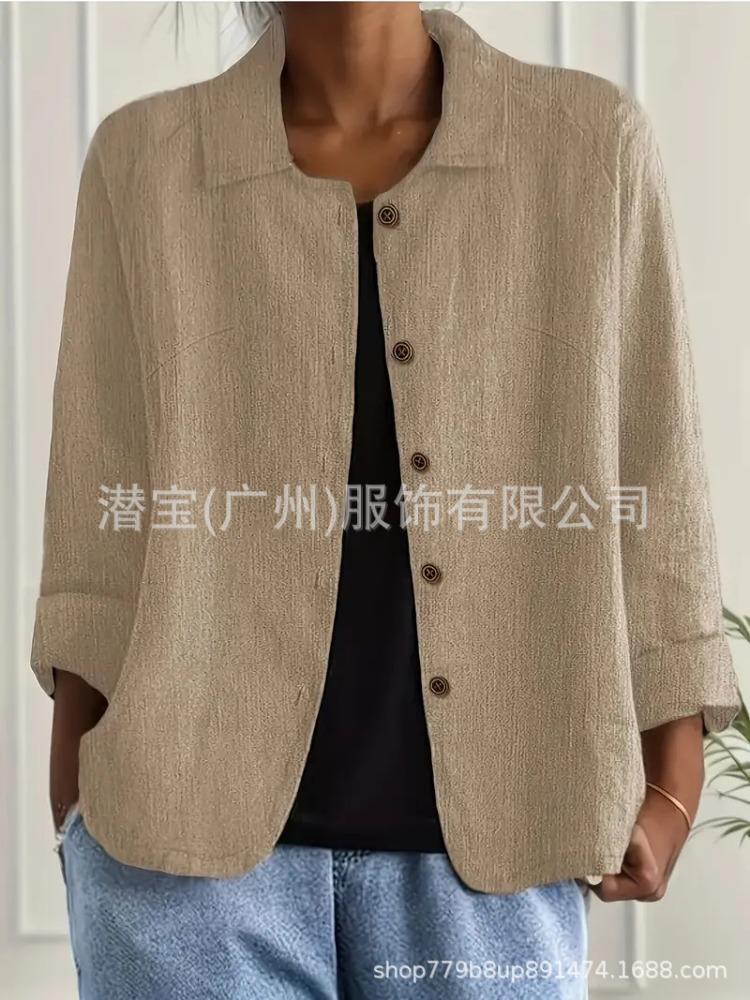 Women's Gray Cardigan with Notch Lapel and Brown Buttons