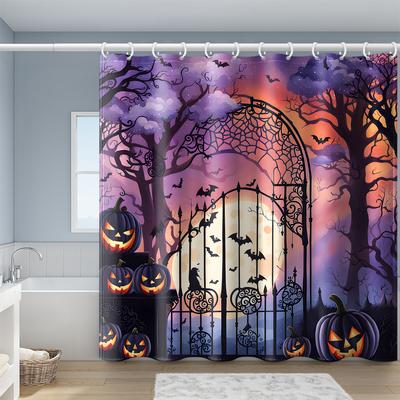 1 pièce rideau de douche Halloween forêt chauve-souris citrouille violet avec crochet en plastique, motif dessin animé imprimé partition de salle de bain
