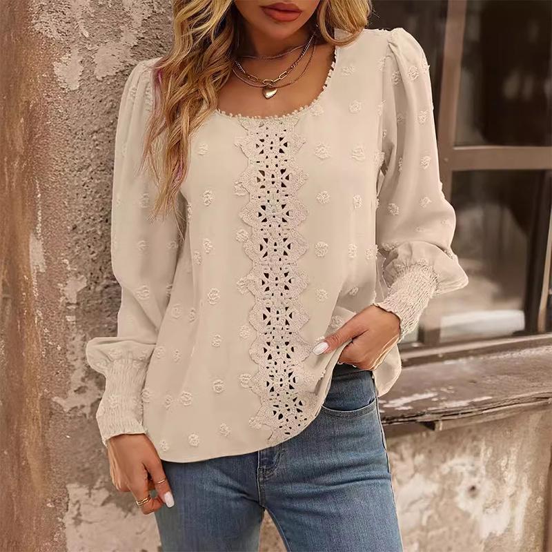 Damska koszulka z okrągłym dekoltem i bufiastymi rękawami, koronkowa, modna koszula o temperamencie