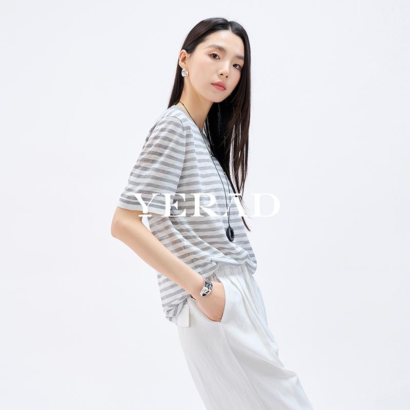 Yalida Women's Relaxed Striped Knitted Short-Sleeved Pullover T-Shirt