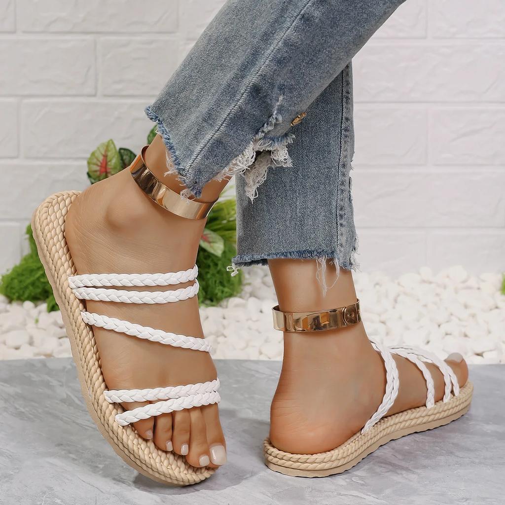 Fashion Lightweight White Flat Sandals Women 2025 Summer Casual Weaving Roman Slippers Woman Comfortable Non Slip Beach Sandalias Mujer