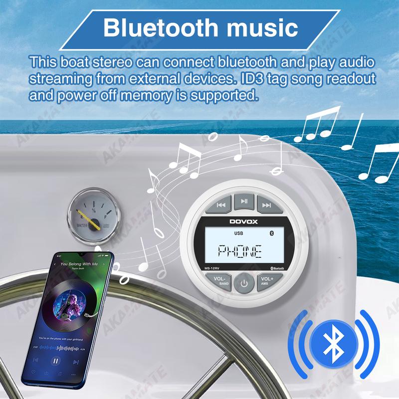 AKAMATE Boat Radio MP3 Marine Media Player FM AM Radio Receiver Waterproof Bluetooth AUX USB Widely for ATV UTV SPA RZR Stereo
