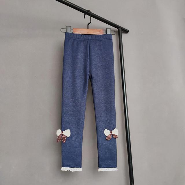 Imitation Denim Girls Pant Autumn Winter Plus Velvet Warm Long Pants Bow Lace Kids Trousers