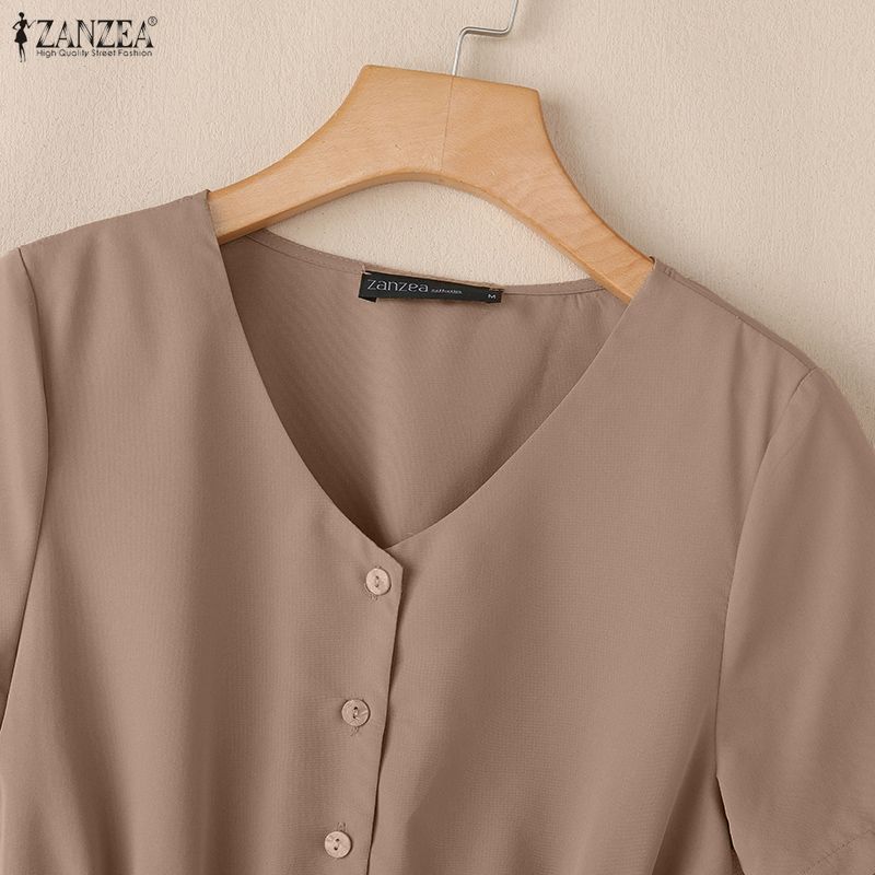 ZANZEA Abito Estivo Casual da Donna con Scollo a V a Maniche Corte Monocolore