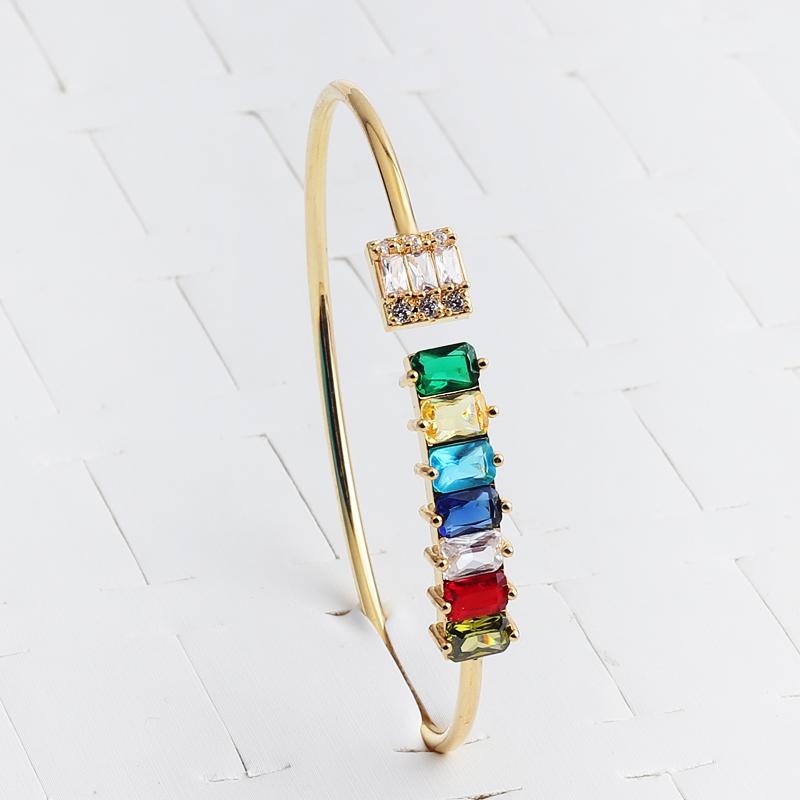 

Top Quality Cuff Bangles 18k Gold Rainbow CZ Stone Rhinestone Bracelet Luxury Brass Jewelry For Women Girls Engagement Gift